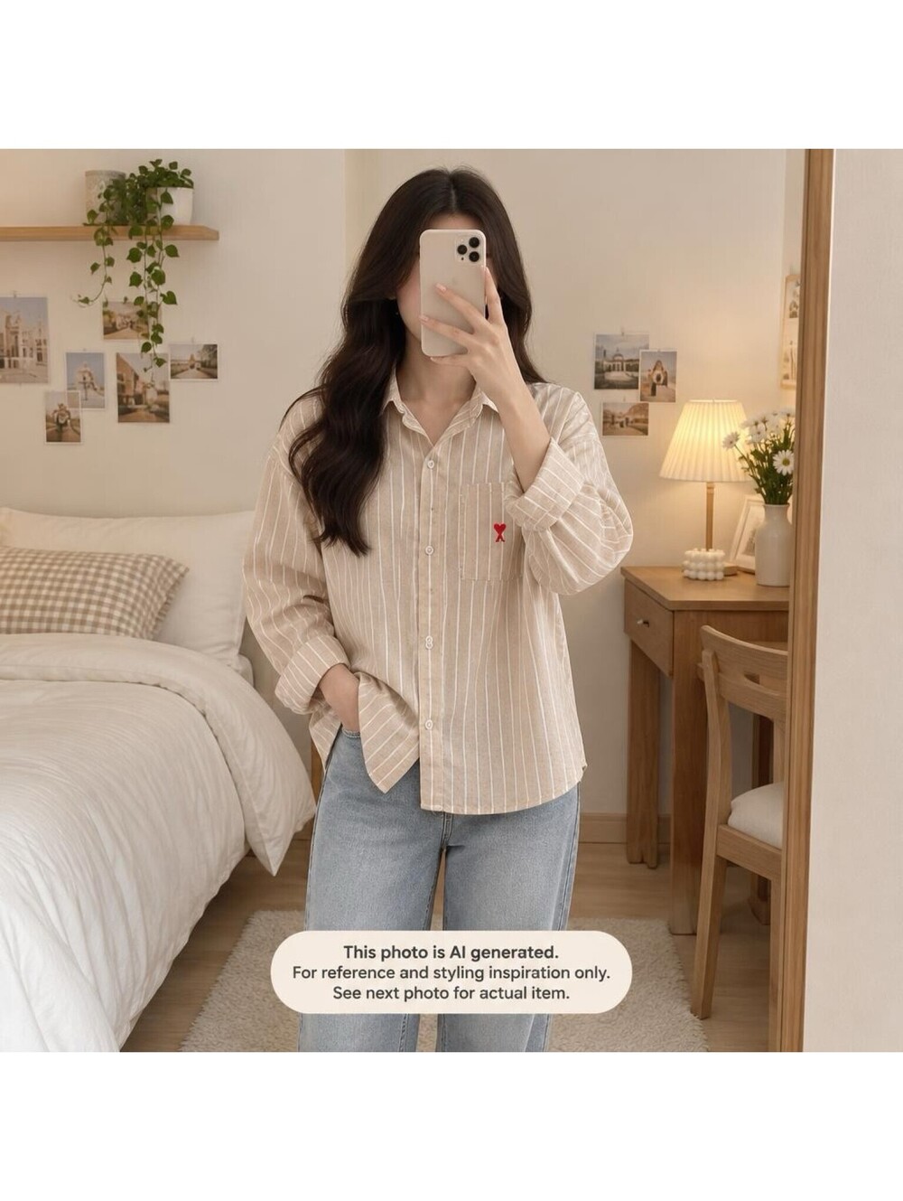 Beige Striped Button-Up Shirt with Red Heart Detail